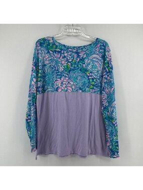 Lilly Pulitzer Etta V-Neck T-Shirt Women Large Purple Floral Long Sleeve